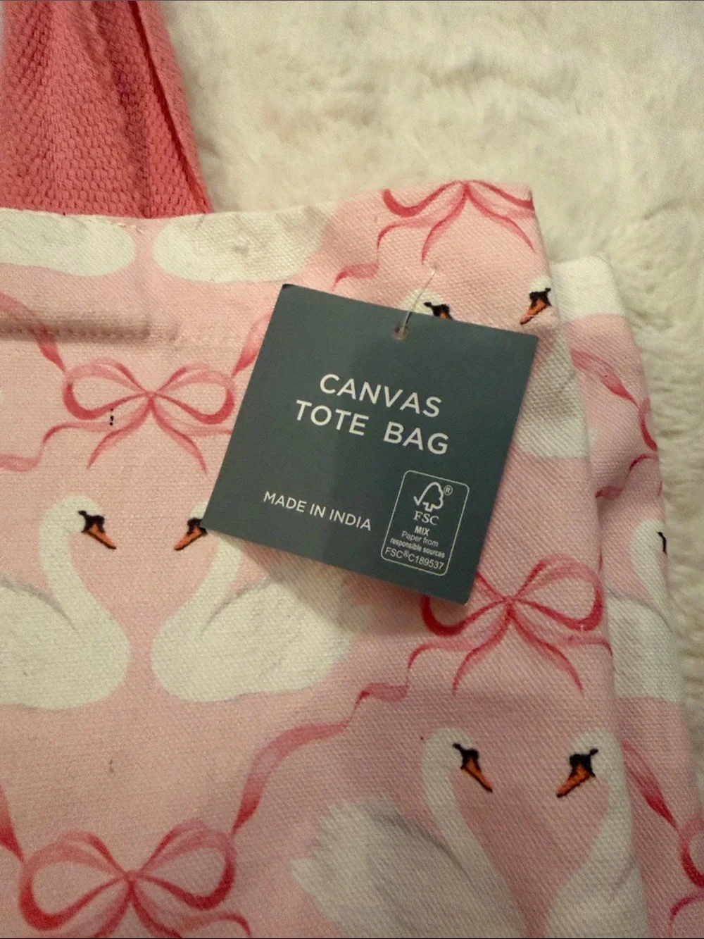 NWT, The Farmhouse Pink Swan Print Tote Bag with Tassel Accent